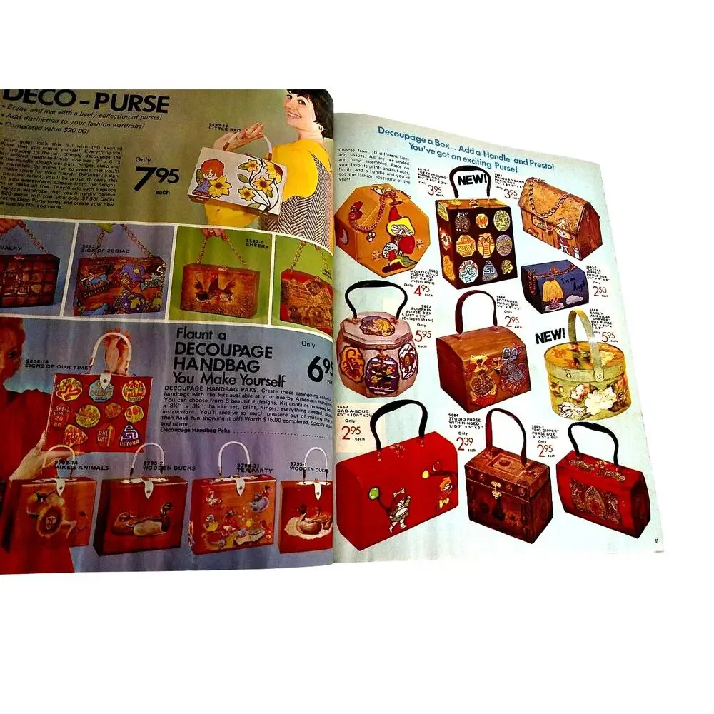 Vintage 1970 American Handicrafts Catalog Retro 70s Boho Decoupage Purse Craft